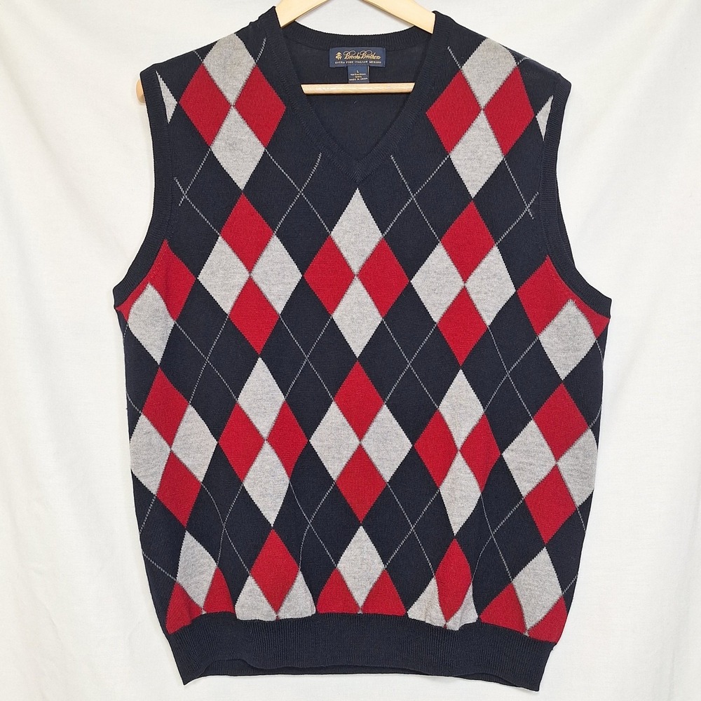 Brooks Brothers L Ultimate Merino Wool Sweater Vest Large Navy Argyle Fine 100%
